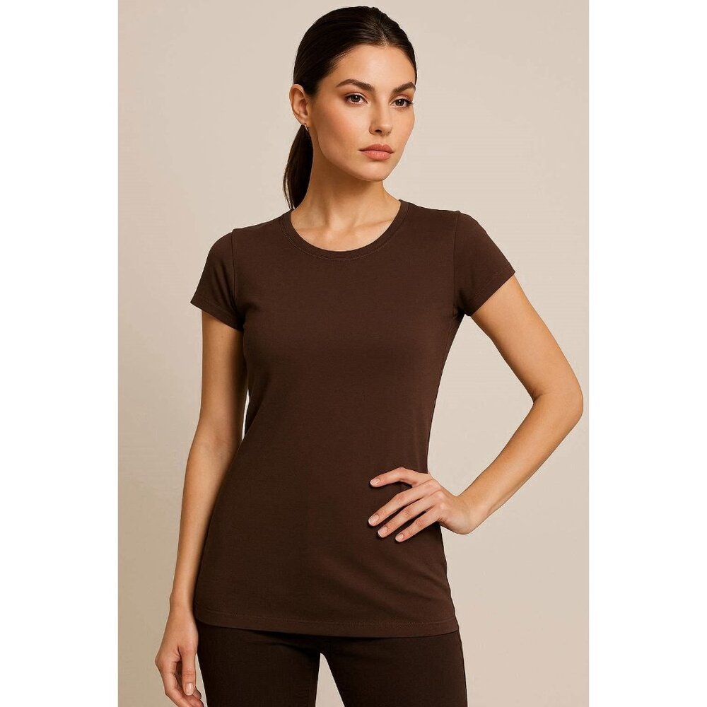 Womens Sz L Scoop Neck Cap Sleeve Form Fit Tee T Shirt Top Chocolate Brown
